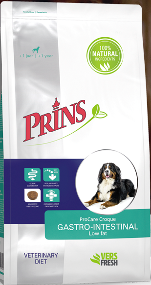 GASTRO-INTESTINAL Low fat Natuurlijke krokante dieetvoeding voor honden ter compensatie voor een slechte spijsvertering. Voor honden ter compensatie voor een slechte spijsvertering Maagdarmproblemen, zoals diarree of wisselende ontlasting komen vaak voor bij honden. Bij maagdarmklachten is er meestal geen sprake van goed gevormde ontlasting, maar ook spugen wordt regelmatig gezien. Prins ProCare Croque Veterinary Diet Gastro-Intestinal Low fat is een volledige dieetvoeding voor honden met maag-darmprobleme