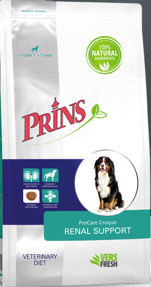 Voor honden met chronisch nierfalen Chronisch nierfalen komt regelmatig voor, vooral bij wat oudere honden. Een nierondersteunende dieetvoeding heeft een positieve invloed op de nieren en kan de achteruitgang van de nierfunctie vertragen. Prins ProCare Croque Veterinary Diet Renal Support is een volledige voeding speciaal voor honden met chronisch nierfalen.