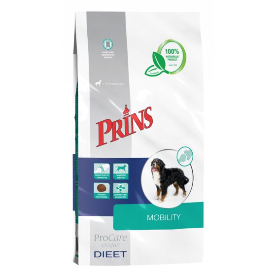 Prins Dieetvoedingen hond Mobility Krokante dieetvoeding voor volwassen honden met gewrichtsproblemen Voor volwassen honden met gewrichtsproblemen ProCare Croque Dieet Mobility is een krokante dieetvoeding speciaal voor volwassen honden met gewrichtsproblemen. Deze volledige dieetvoeding bevat voedingsstoffen die een positieve invloed hebben op de gewrichten en de beweeglijkheid van je hond, en bijdragen aan ee